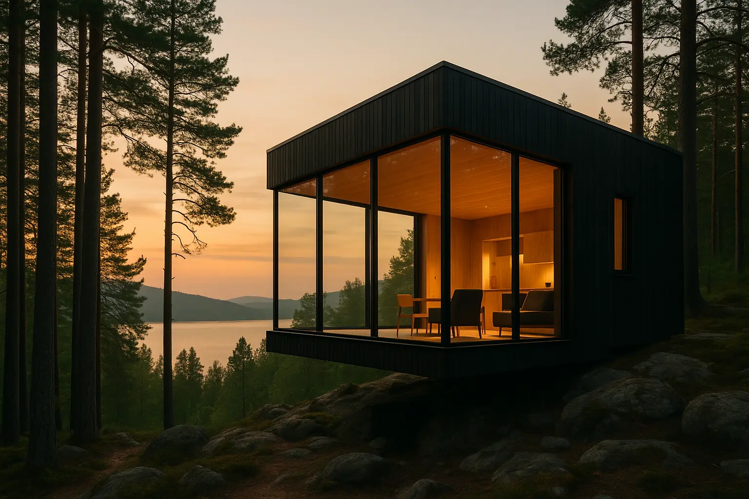 A modern timber cabin with glass walls among pines above a lake at dusk