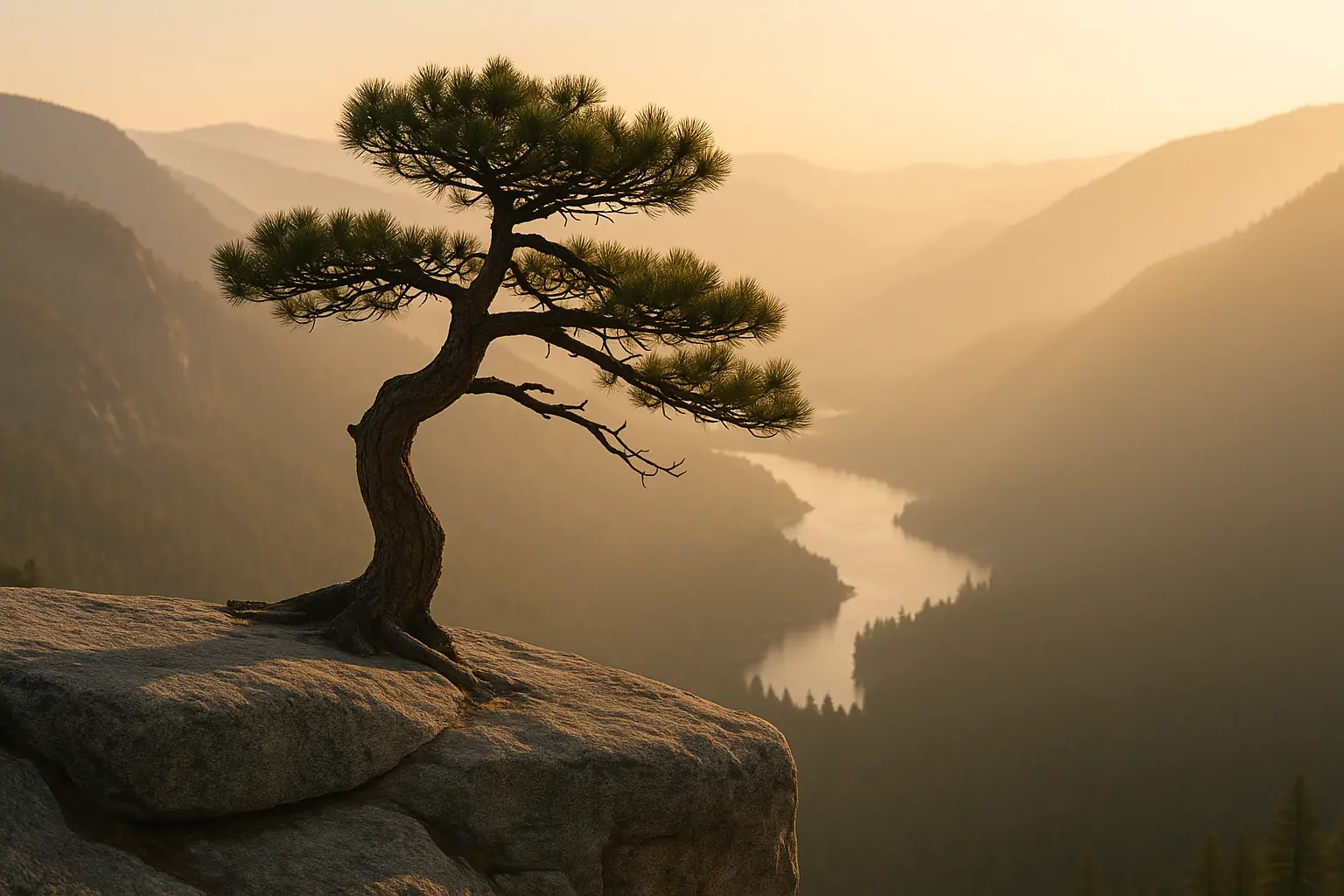 A lone pine on a granite cliff above a misty river valley at sunrise